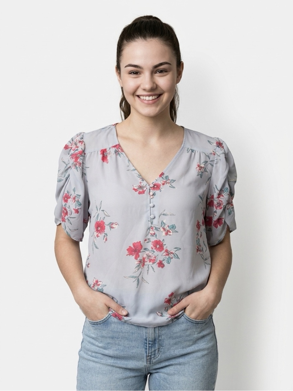 torrid Light Gray Floral V-Neck Button Front Blouse